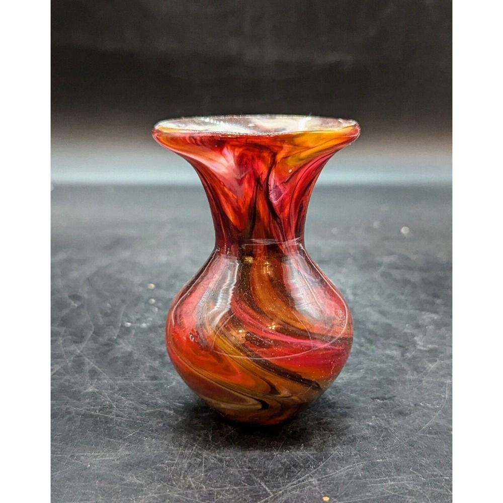 Vintage Hand Blown‎ Studio Art Glass Red Cased Swirl Bud Vase 4" Signed